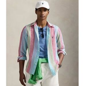 Ralph Lauren Classic Fit Striped Linen Shirt colorful large preppy chic classy